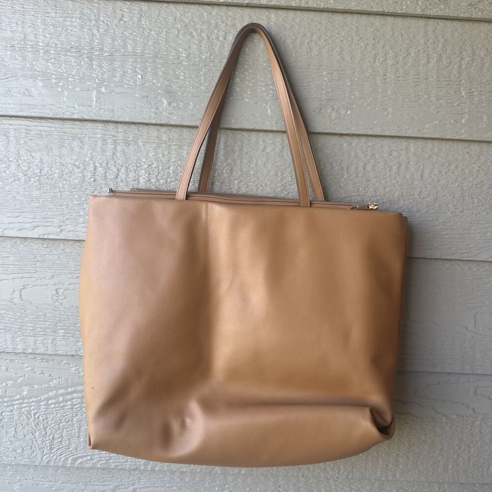A New Day Womens Brown Faux Leather Double Strap Zipper Lrg Tote Handbag 17x13x7